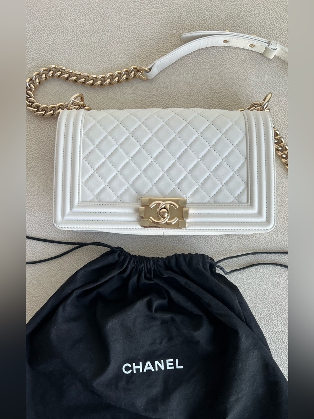 Chanel Medium Boy Bag White lamb skin Light Gold Hardware